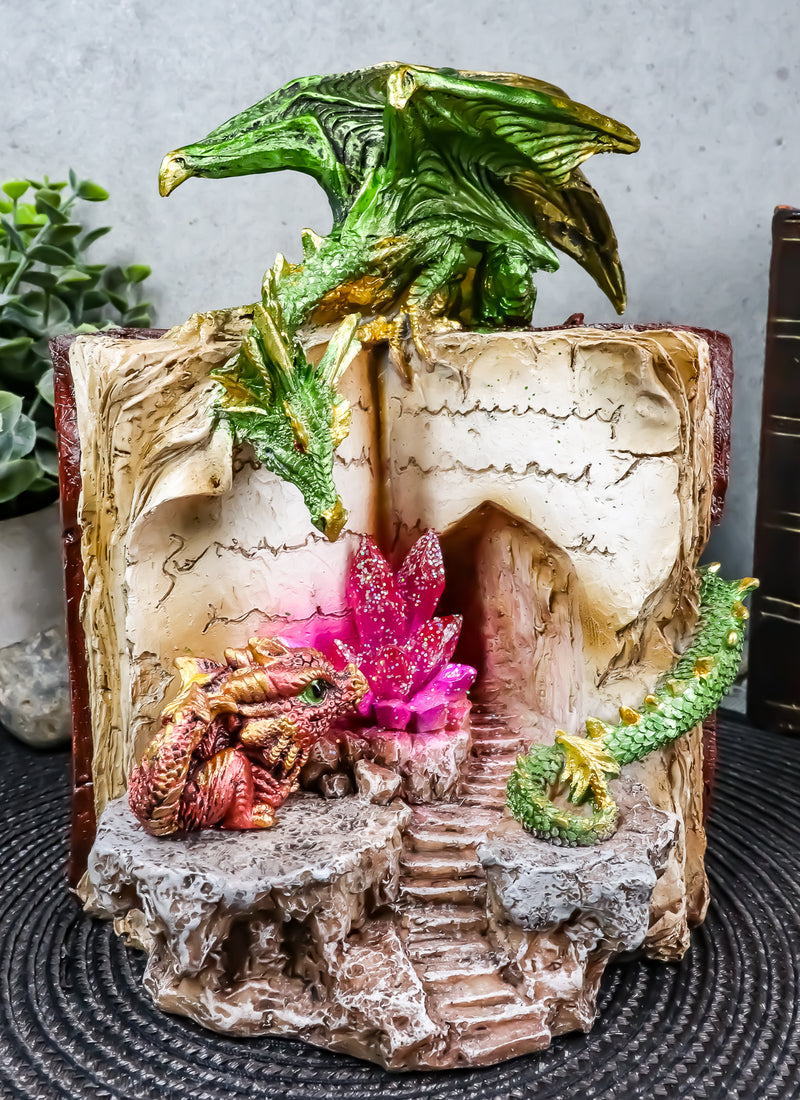 Ebros Green Dragon Wyrmling Perching On LED Crystals Book Of Spells Figurine