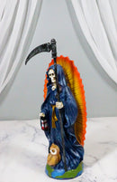Standing Blue Santa Muerte Skeleton With Scythe Hourglass And Wise Owl Figurine