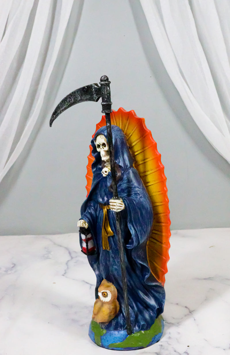 Standing Blue Santa Muerte Skeleton With Scythe Hourglass And Wise Owl Figurine