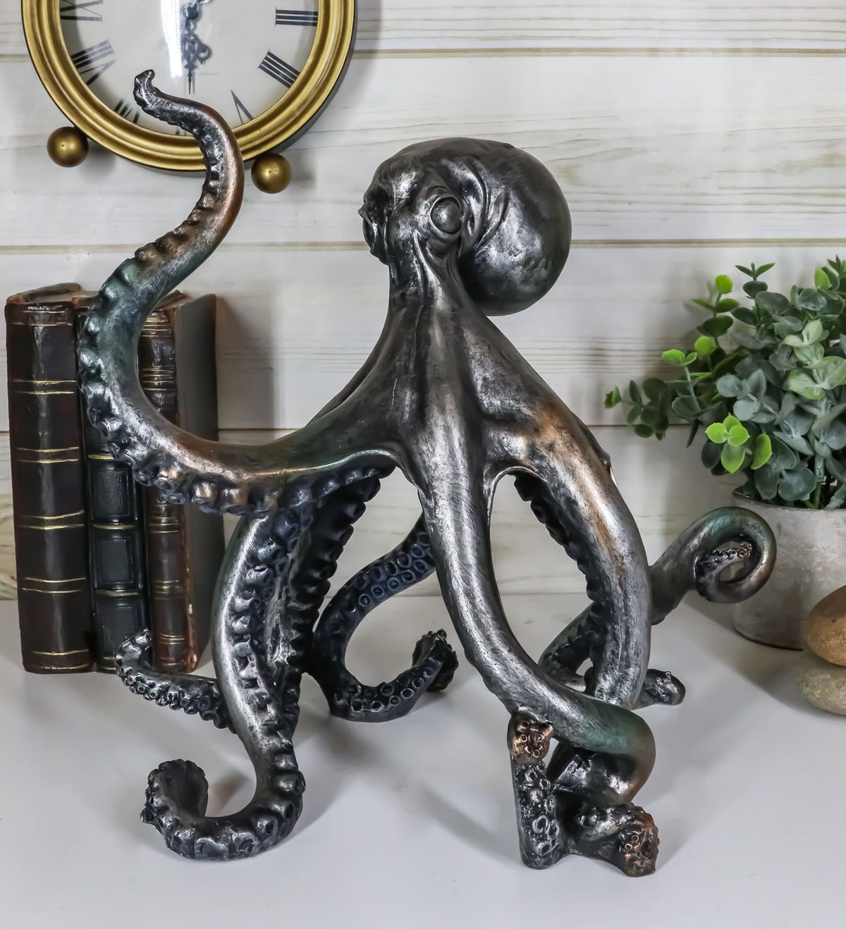 Ebros Large Standing Octopus Statue in Silver Finish Resin Marine Decor 11.5" W - Ebros Gift