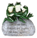 Whimsical Green Frog Family On Rock With Inspirational Message Resin Figurine