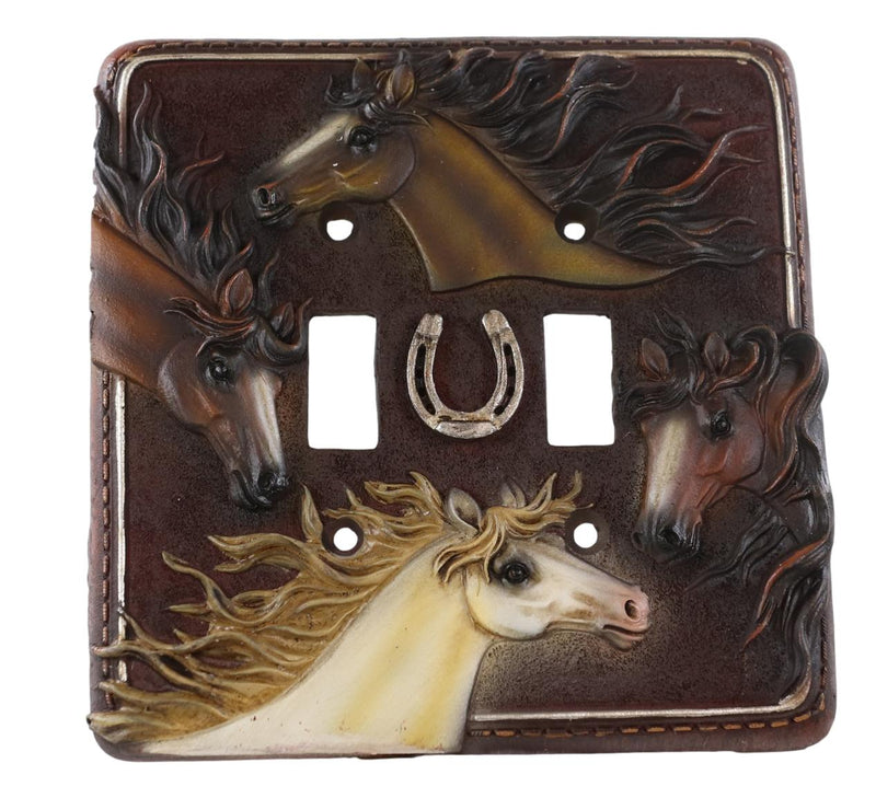 Set of 2 Western Horseshoe And Colorful Horses Wall Double Toggle Switch Plates