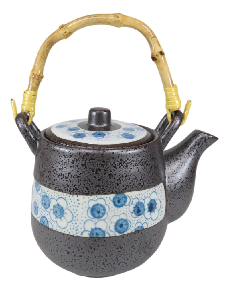 Ebros Japanese Design Cherry Petals Charcoal Grey Ceramic Tea Pot & Cups Set Serves 4