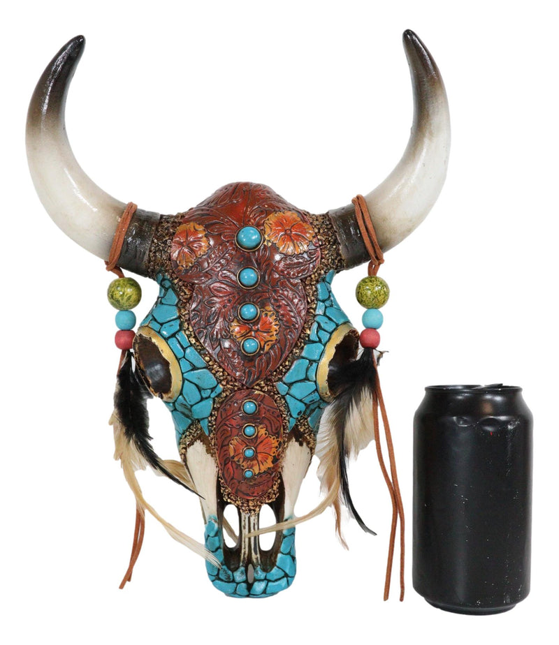 Southwest Tooled Leather Cow Skull With Turquoise Gems And Feathers Wall Decor
