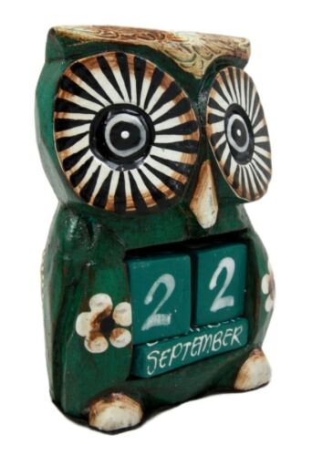 Balinese Wood Handicrafts Hypnosis Eyed Green Owl Desktop Calendar Figurine 4.5"
