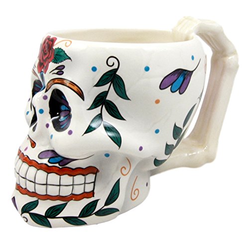 Ebros Gift White Tribal Day of The Dead Red Rose Sugar Skull Drink Coffee Mug Cup Ceramic 6.25"H - Ebros Gift