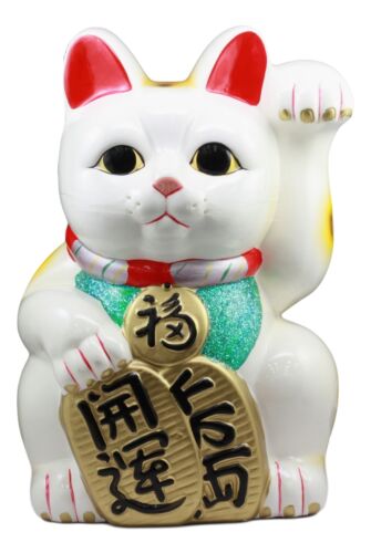 Japanese Lucky Charm White Beckoning Cat Maneki Neko Money Bank Statue 15.5"H