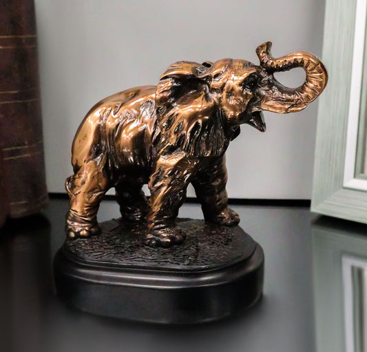 Small African Elephant Calf With Trunk Raised Bronzed Resin Figurine On Base
