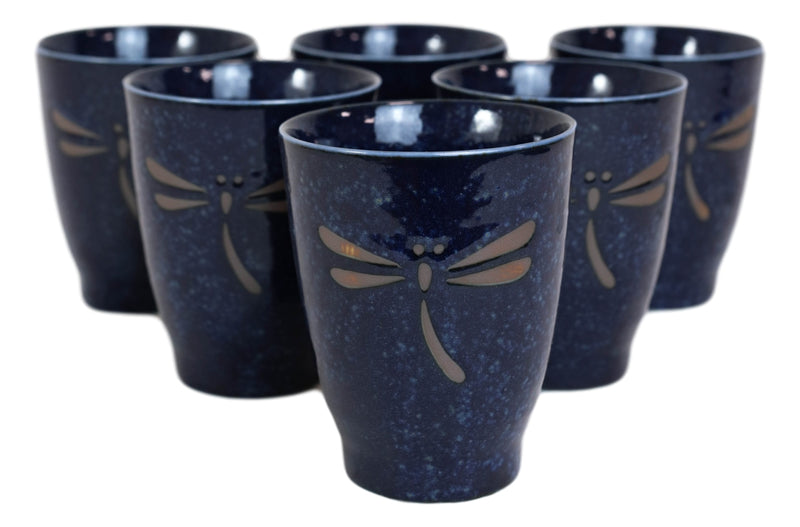 Japanese Zen Dragonfly Speckled Blue Porcelain 10oz Coffee Tea Cups Set of 6