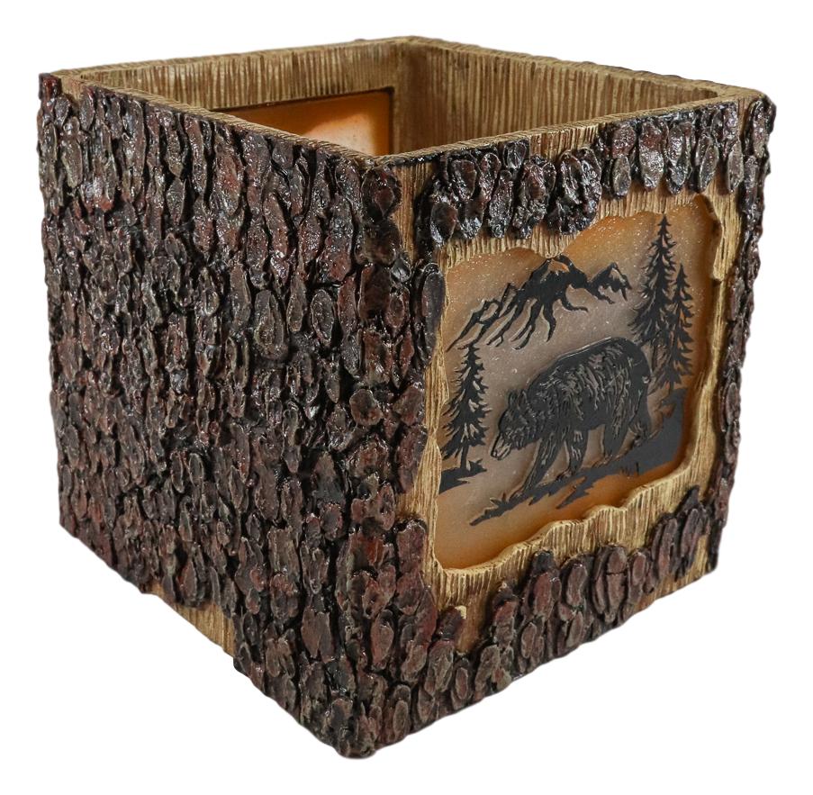 Rustic Pine Forest Black Bear Faux Carved Wood Bark Night Light Lamp Sculpture