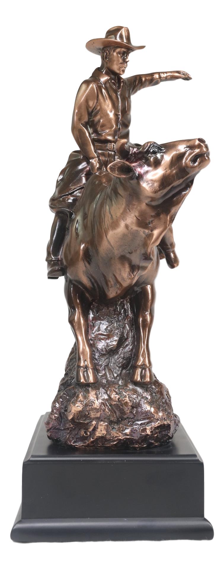 Wild Western Rodeo Cowboy With Bucking Bull Bronze Electroplated Statue - Ebros Gift