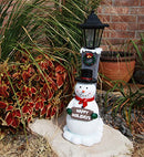 Ebros Jolly Christmas Season Frosty The Snowman Decorative Statue With Solar LED Light Lantern Lamp 18.5"H As Home Patio Guest Greeter Welcome Decor With Happy Holidays Sign Plaque