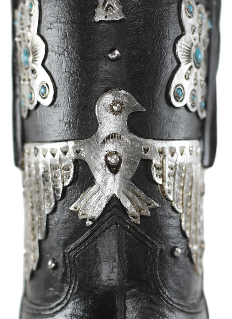 Southwestern Turquoise Silver Aztec Symbols Cowboy Boot Vase Planter Figurine