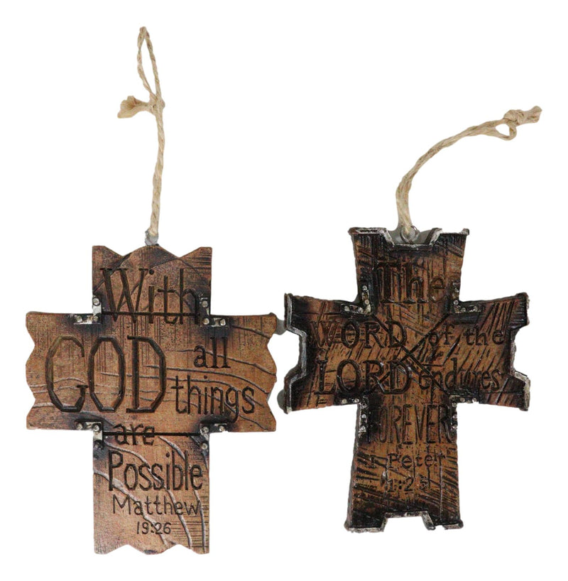 Set Of 4 Rustic Christian Bible Verses Faux Wood Christmas Tree Cross Ornaments