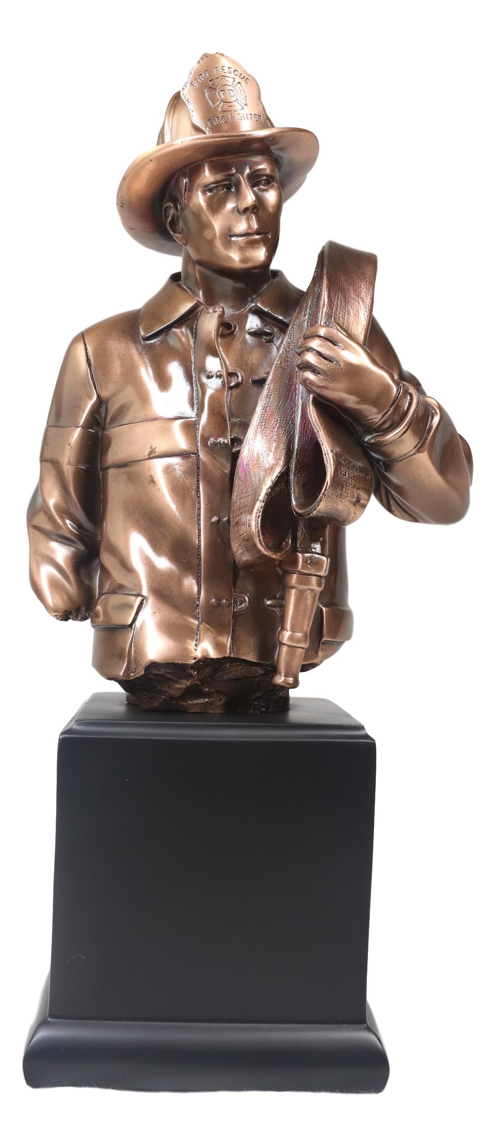 Fireman Carrying Fire Fighter Hose Reel Portrait Bust On Trophy Base Statue - Ebros Gift