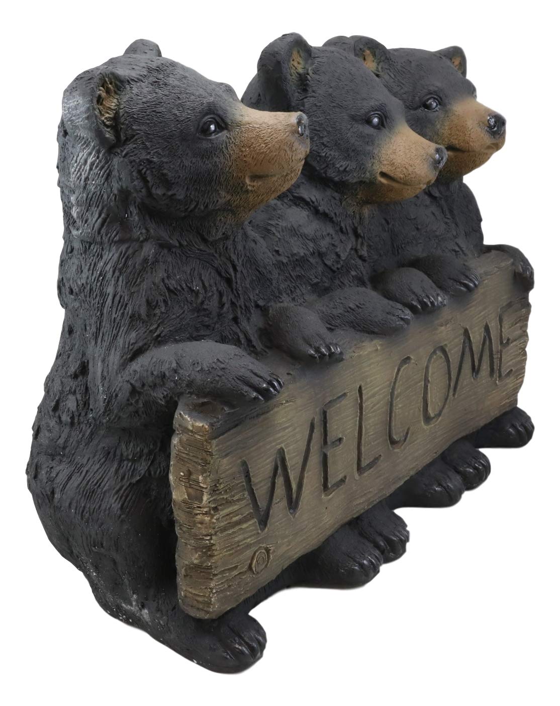 Large Rustic Forest 3 Black Brother Bear Cubs Holding Welcome Sign Statue Decor - Ebros Gift