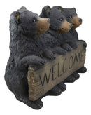 Large Rustic Forest 3 Black Brother Bear Cubs Holding Welcome Sign Statue Decor