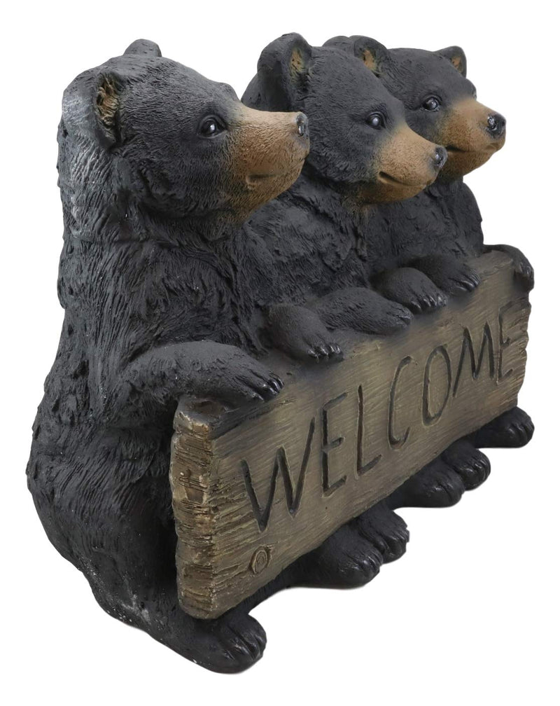 Large Rustic Forest 3 Black Brother Bear Cubs Holding Welcome Sign Statue Decor