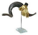 Electroplated Gold Realistic Bighorn Sheep Ram Skull Sculpture On Pole Stand