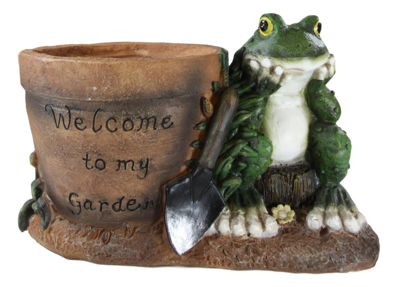 Ebros Green Frog Toad With Shovel And 'Welcome To My Garden' Planter Pot Figurine 10"L