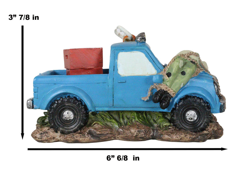 Buck Deer With Rifle In Blue Pick Up Truck With Tied Up Hunter On Hood Figurine