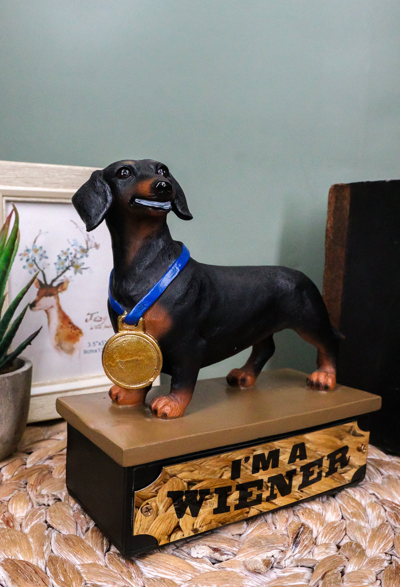 Award Trophy Dachshund Puppy Dog With Gold Medal Standing On Stage Figurine