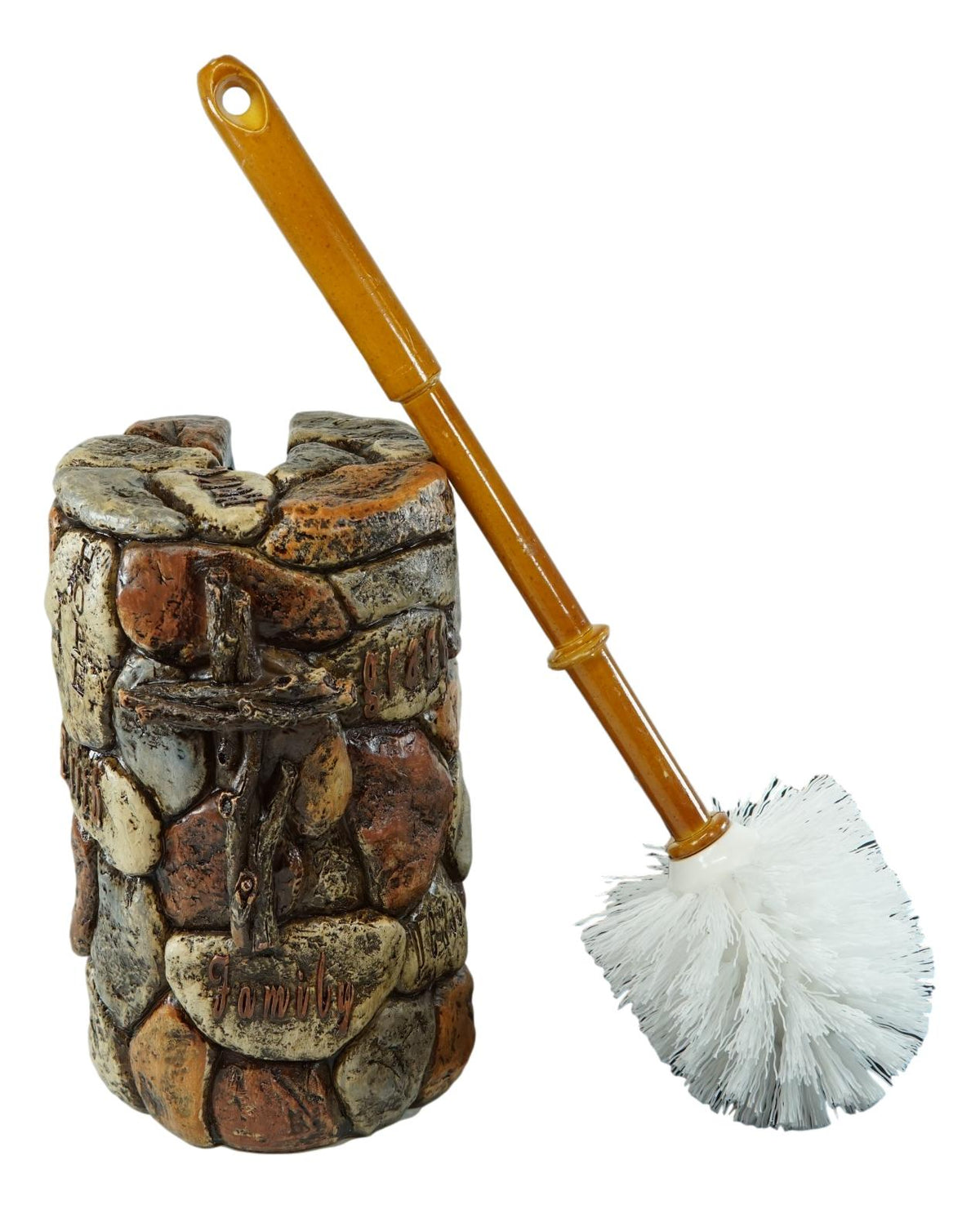 Rustic Solid Rock of Christ Cross Joy Hope Peace Love Toilet Brush & Holder Set