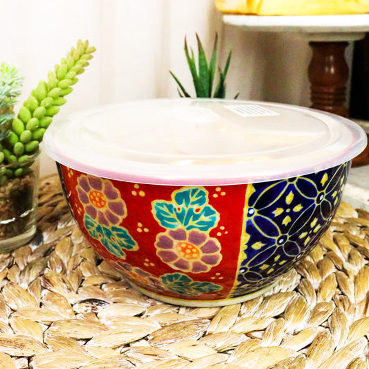 Set of 2 Ceramic Blue Red Floral Patterns Portion Meal Bowls 5 Cups Airtight Lid