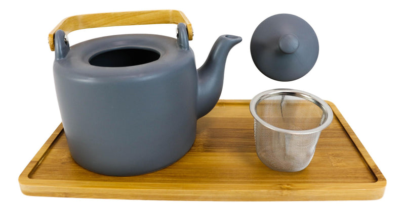 Matte Black Modern Ceramic 28oz Tea Pot With 4 Cups And Bamboo Serving Tray Set
