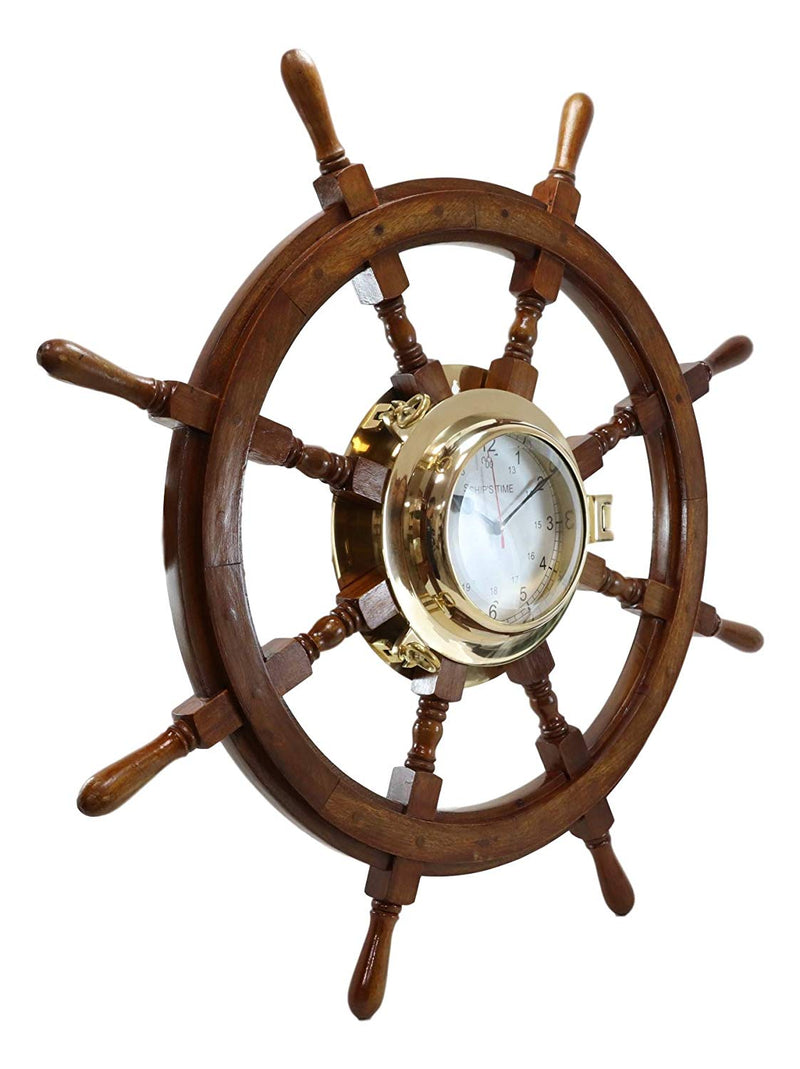 33.25W Nautical Rustic Wood and Brass Ship Steering Helm Wheel Wall C–  Ebros Gift