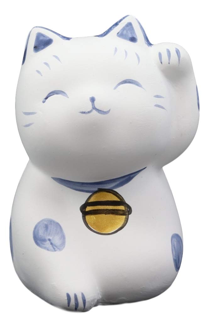 Ebros Japanese Lucky Charm Beckoning Cat White Maneki Neko With Blue Spots Figurine