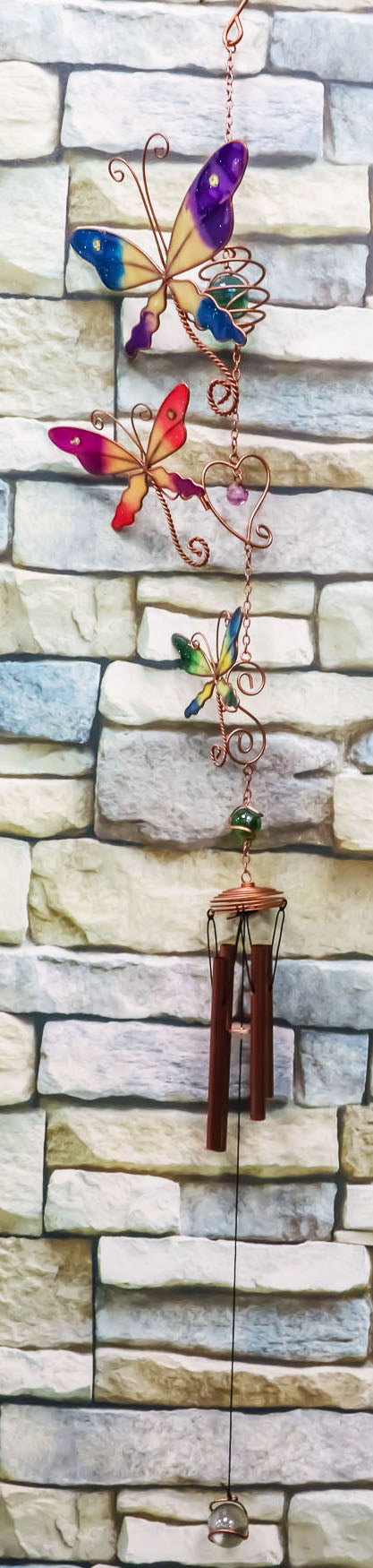 Ebros Gift Stained Glass Colorful Three Butterflies Copper Metal Wind Chime 28"Long Resonant Outdoor Patio Garden Decor Accessory