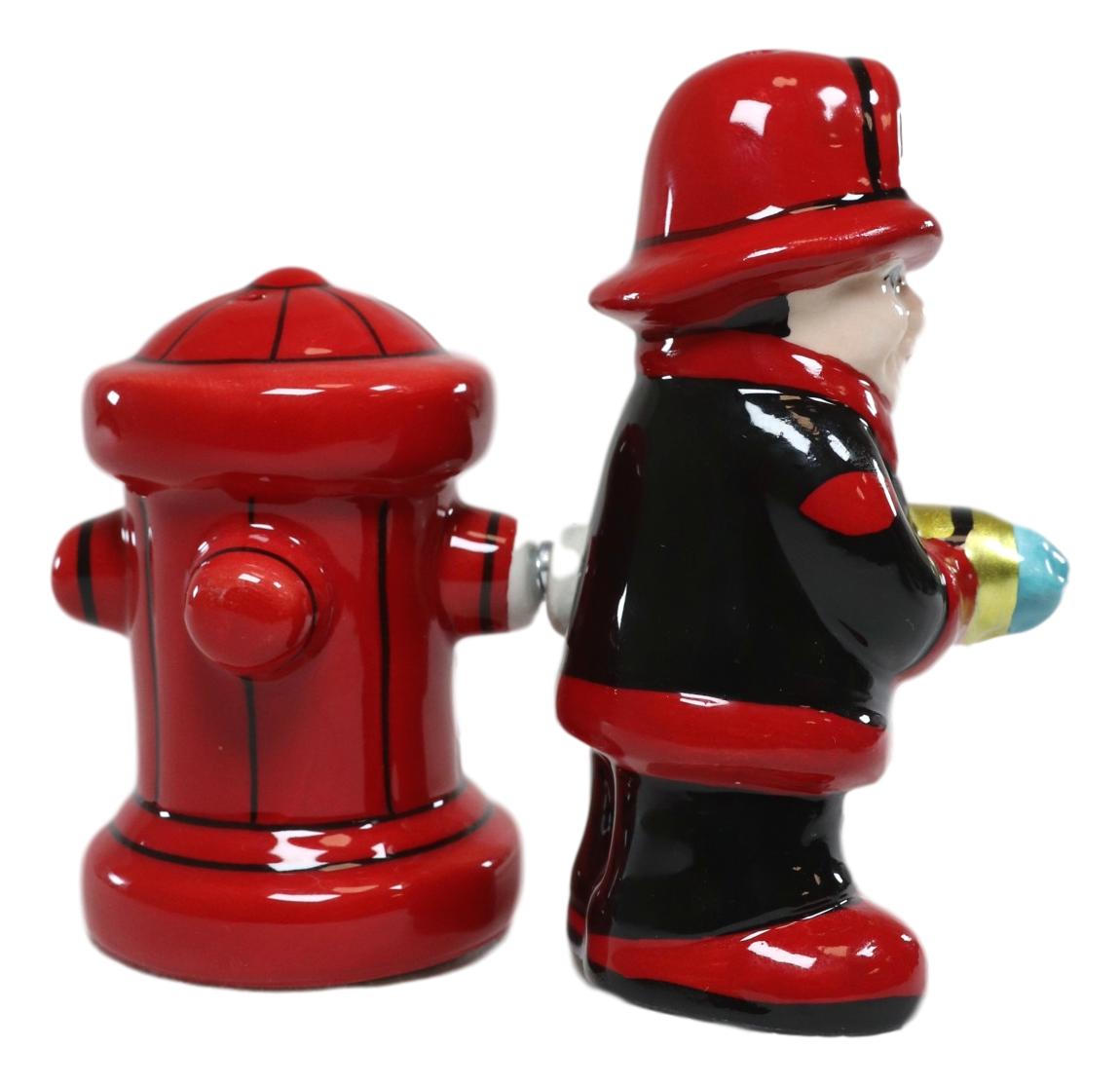 Ebros Fireman Fighter W/ Hose By Red Fire Hydrant Ceramic Salt & Pepper Shakers - Ebros Gift