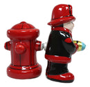 Ebros Fireman Fighter W/ Hose By Red Fire Hydrant Ceramic Salt & Pepper Shakers