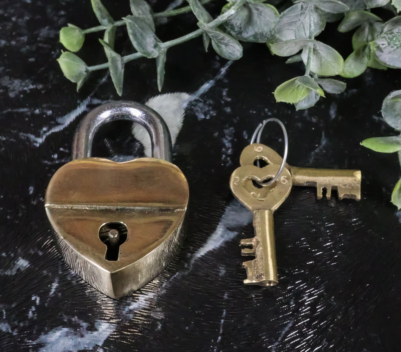 Set Of 2 Gold Tone Keepsake Brass Small Heart Love Shaped Padlock With Keys