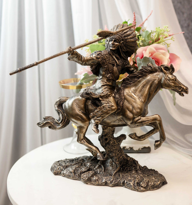 Ebros Indian Warrior With Trailer War Bonnet Headdress On Horse Throwing Spear Statue