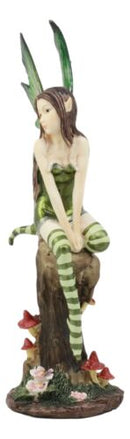 Whimsical Peppermint Elf Fairy Sitting On Tree Stump Statue 9.5"Tall Collectible