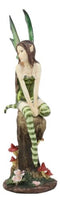 Whimsical Peppermint Elf Fairy Sitting On Tree Stump Statue 9.5"Tall Collectible
