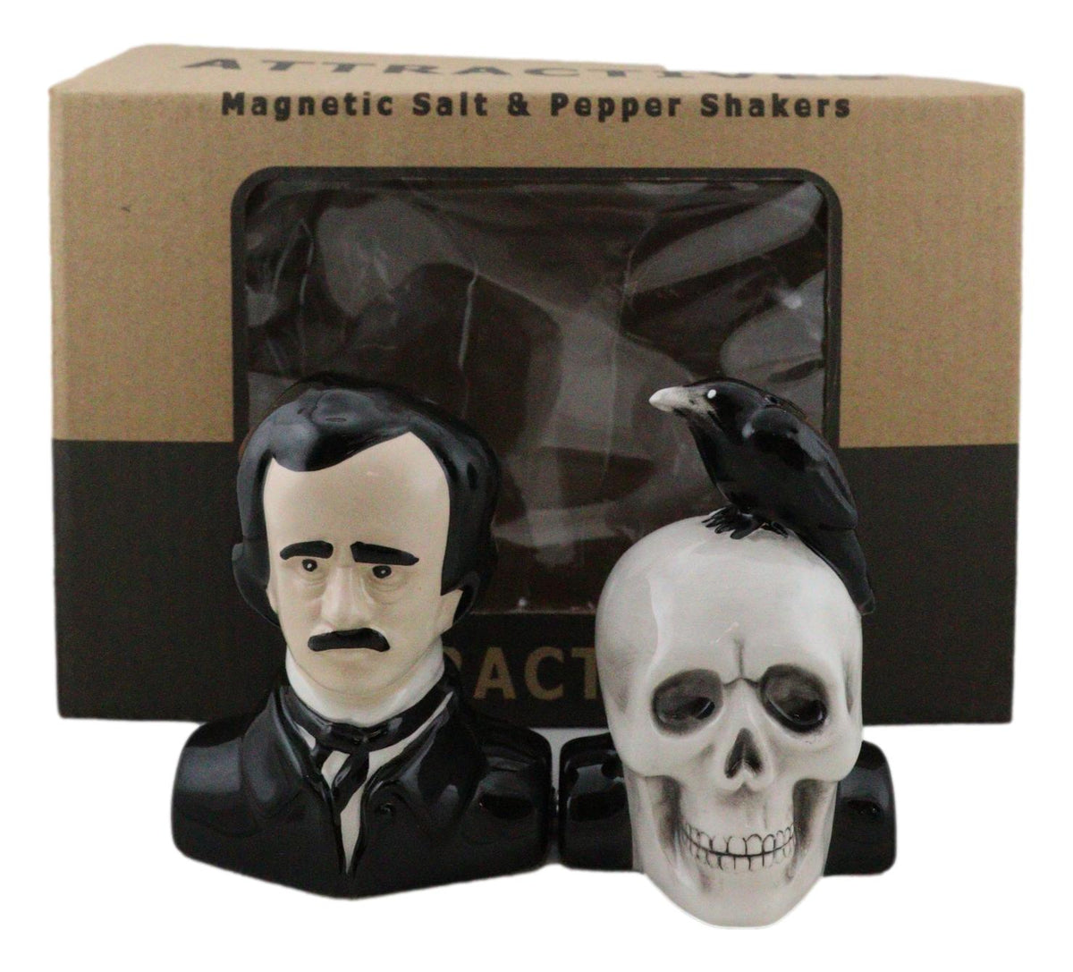 Ceramic Edgar Allen Poe And Nevermore Raven On Skull Salt And Pepper Shakers Set - Ebros Gift
