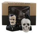 Ceramic Edgar Allen Poe And Nevermore Raven On Skull Salt And Pepper Shakers Set