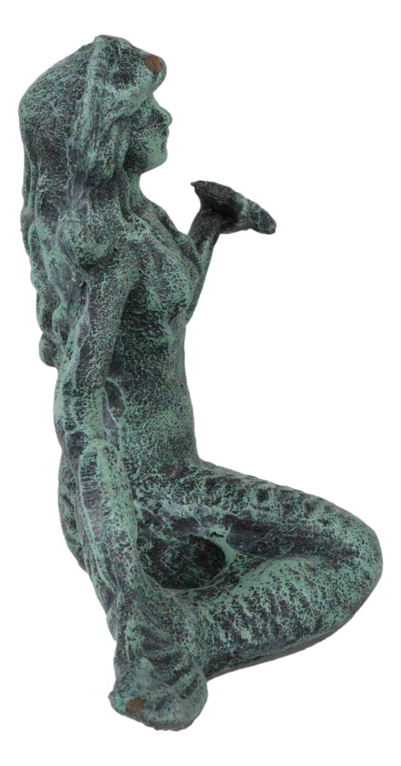 Ebros Gift 6.5" Tall Nautical Siren Mermaid Holding Starfish Cast Iron Rustic Verdigris Vintage Patina Finish Statue Ocean Goddess Princess Coastal Beach Under The Sea Mermaids Decorative Accent