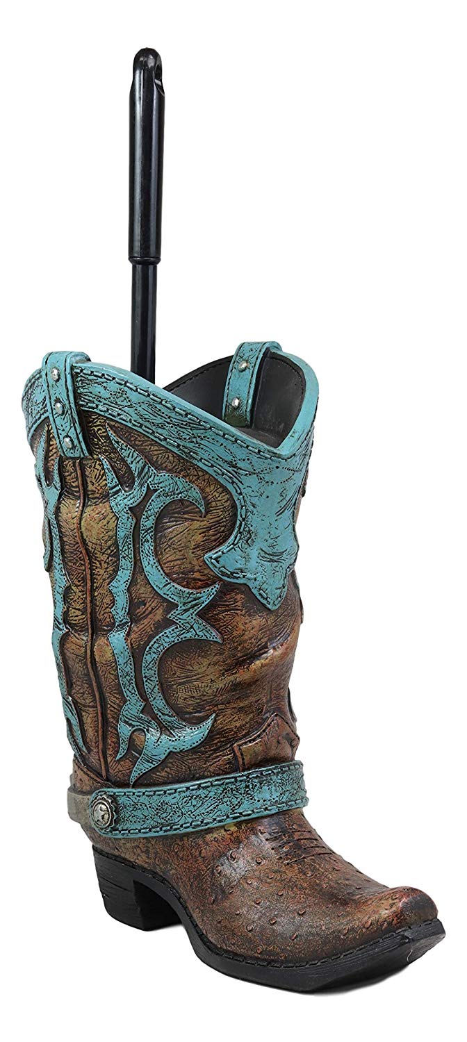 Ebros Rustic Vintage Western Turquoise Faux Leather Cowboy Boot with Spur Toilet Bowl Cleaner Brush and Base Holder 16.5" Tall Bathroom Gift 2 Piece Set Cowboys Cowgirls Boots Accent Decor