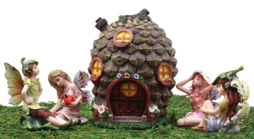 Fairy Garden Miniatures Starter Kit Pine Cone Cottage With 4 Fairy Figurines Set - Ebros Gift