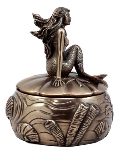 Wishing Mermaid Rounded Jewelry Box Figurine 5.5"H Coastal Reed Marine Decor