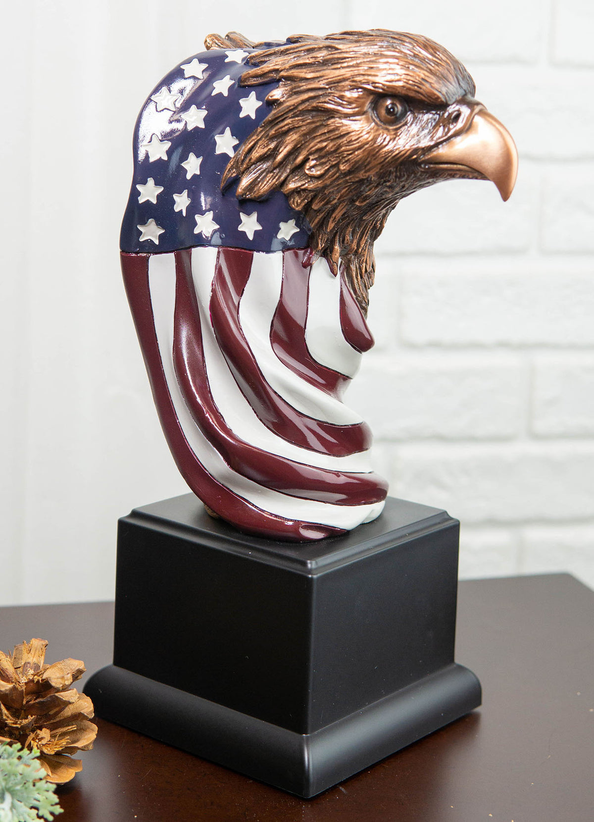 American Bald Eagle On USA Star Spangled Banner Flag Bust Electroplated Statue - Ebros Gift