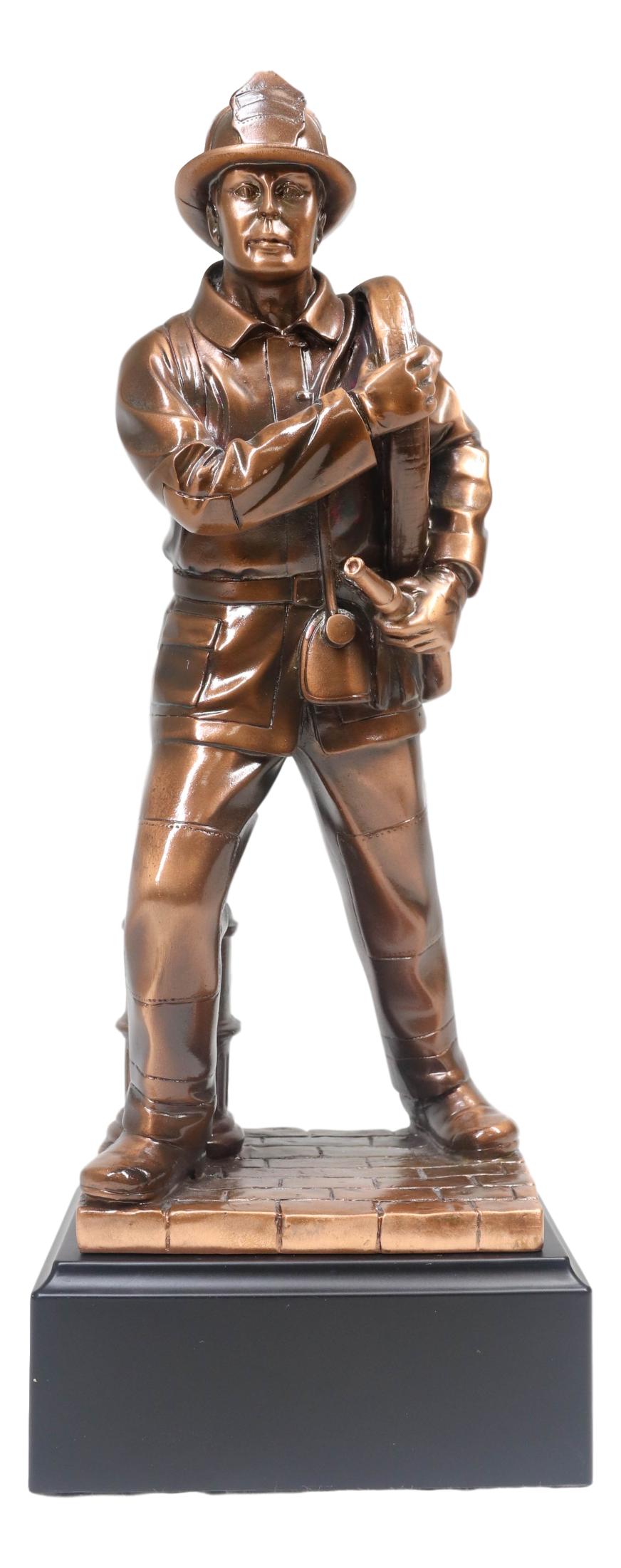 In Line Of Duty Fireman Carrying Hose By Hydrant Statue 12"H Fire Fighter Decor - Ebros Gift