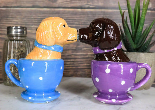 Ceramic Chocolate And Fawn Labrador Puppy Dogs In Tea Cups Salt Pepper Shakers - Ebros Gift