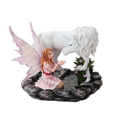 Ebros Fairyland 7 Inch Pink Winged Fairy with Unicorn on Pond Statue Figurine - Ebros Gift