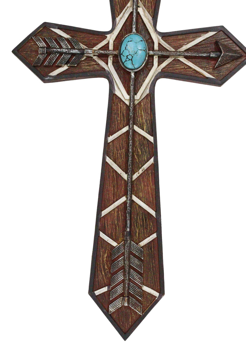 Rustic Western Boho Native Indian Arrows Turquoise Rock Faux Wooden Wall Cross