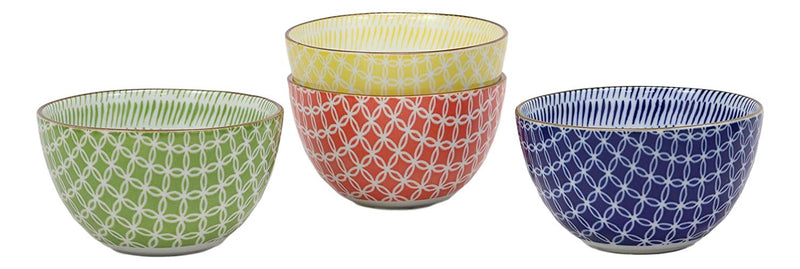 Ebros Gift Made In Japan Assorted Colorful Porcelain Bowls Set of 4 Rice Salad Miso Soup Ice Cream Appetizer Bowl 5"Dia Japanese Aesthetic Geometry Decor Meal Dining Bowls